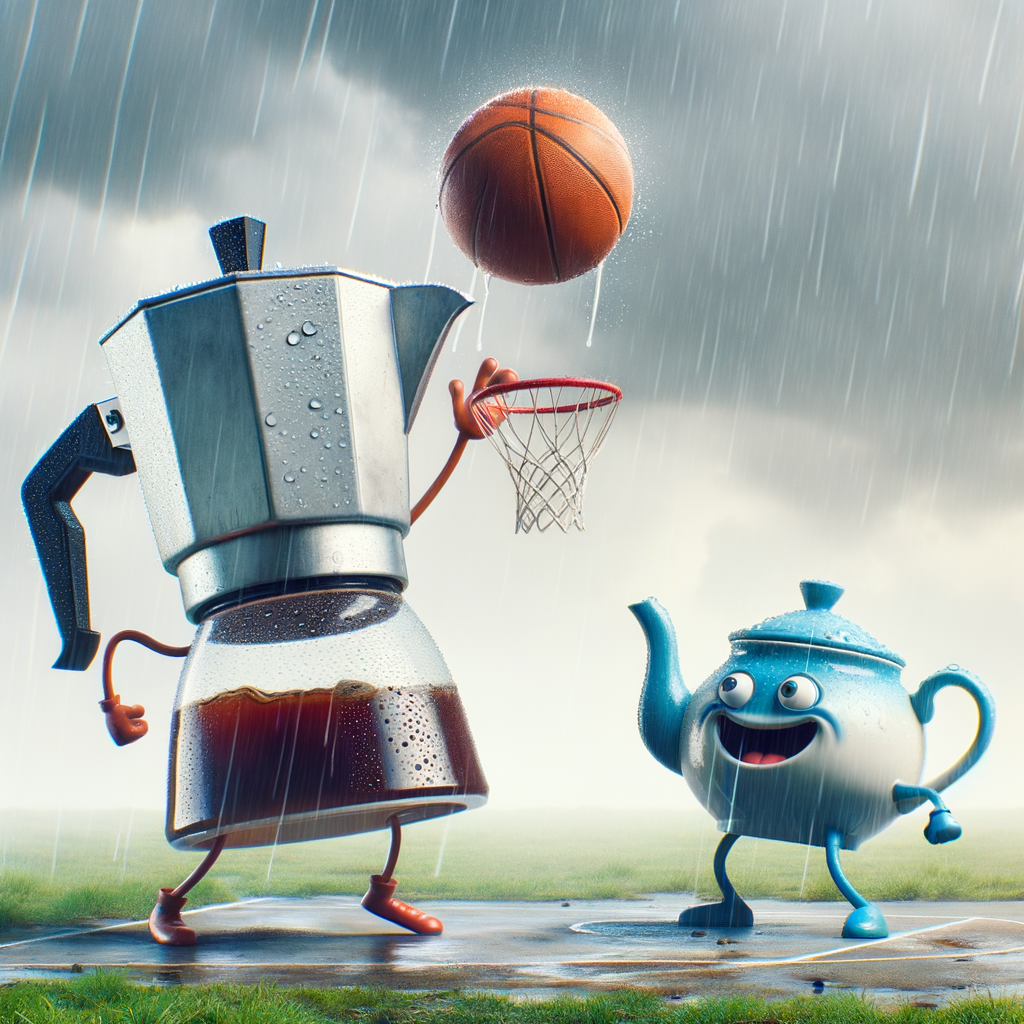 Day The coffee maker is playing basketball with a teapot while it rains, they love the rain!