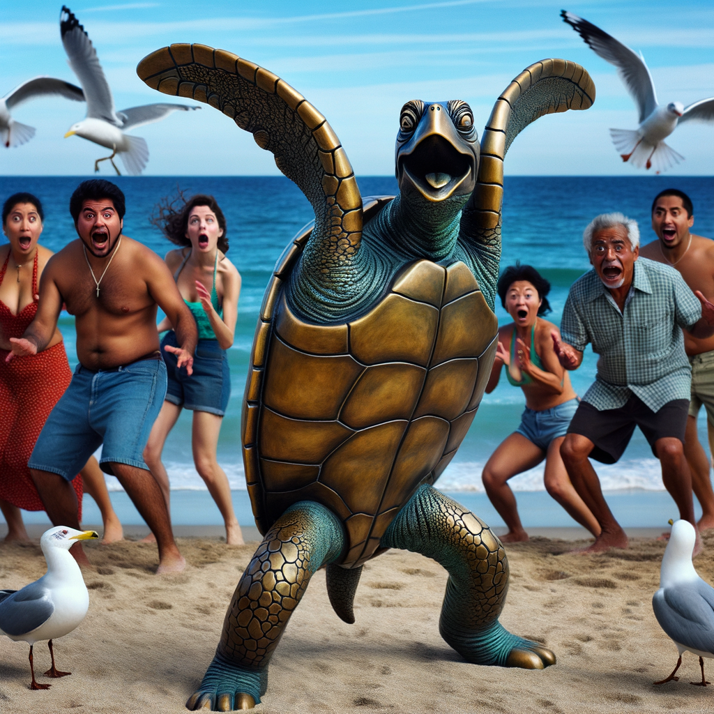 Day The bronze turtle eagerly danced by the ocean, upsetting the seagulls and surprising the beachgoers with its talent