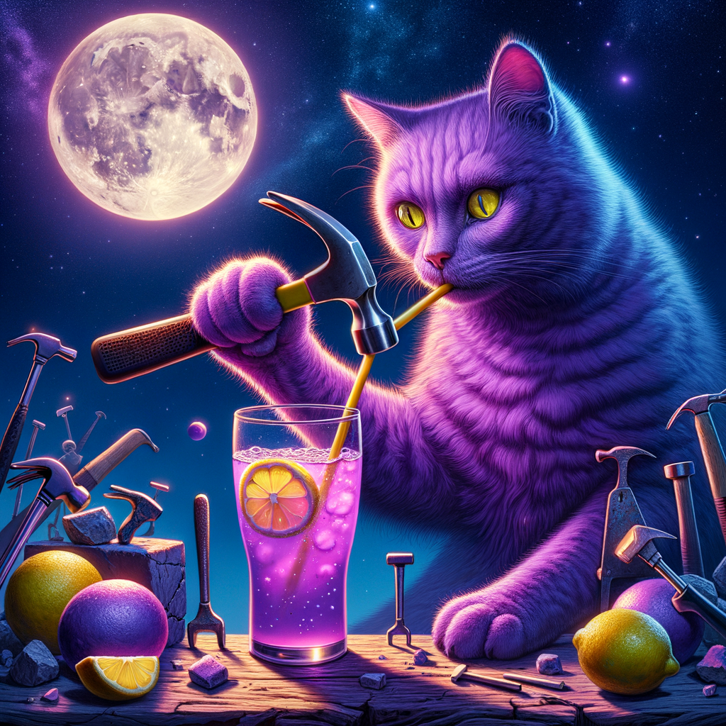 Day My cat's favorite drink is ultraviolet lemonade, and he especially loves to drink it while working on his creations