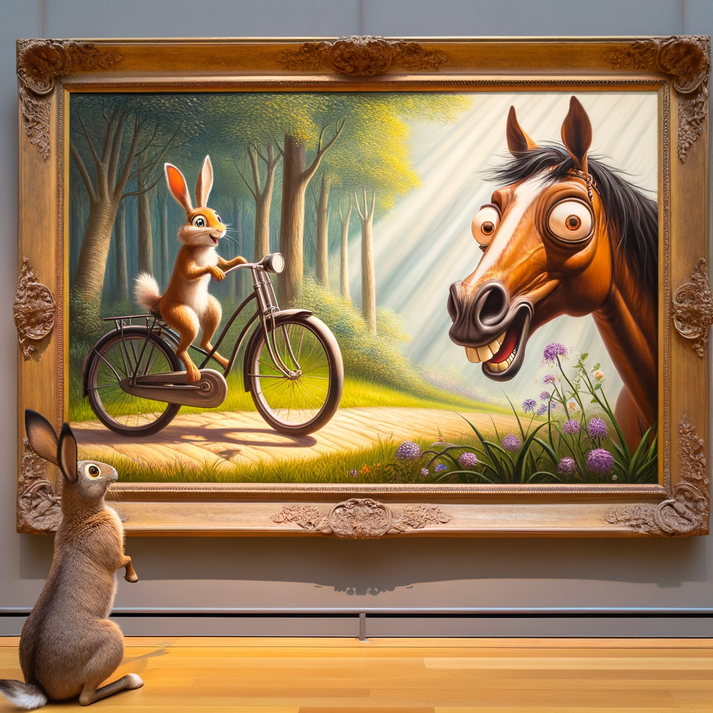 Day The rabbit was surprised to enter the museum and see a painting of his brother riding a bike alongside the horse of freedom