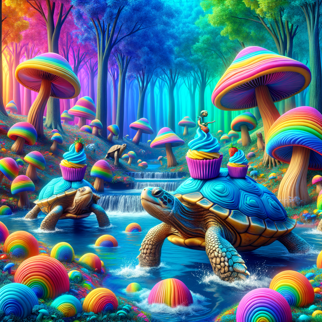 Day Grumpy turtles are crossing the creek with sweets for the party