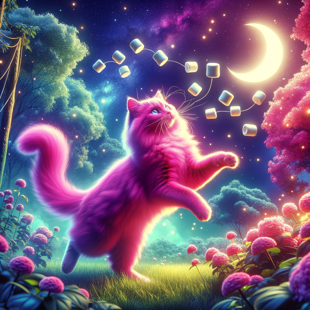 Day In that beautiful garden, there was a cosmic cat hunting flying marshmallows