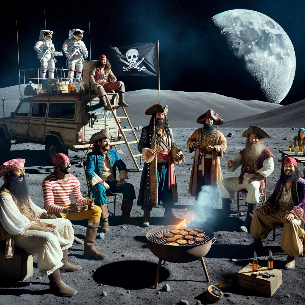 Day The pirates arrived on the moon after a long journey in a spaceship, and the first thing they did was light the barbecue