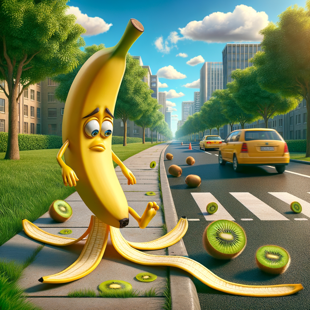 Day The banana was walking calmly on the sidewalk and slipped on a slice of kiwi