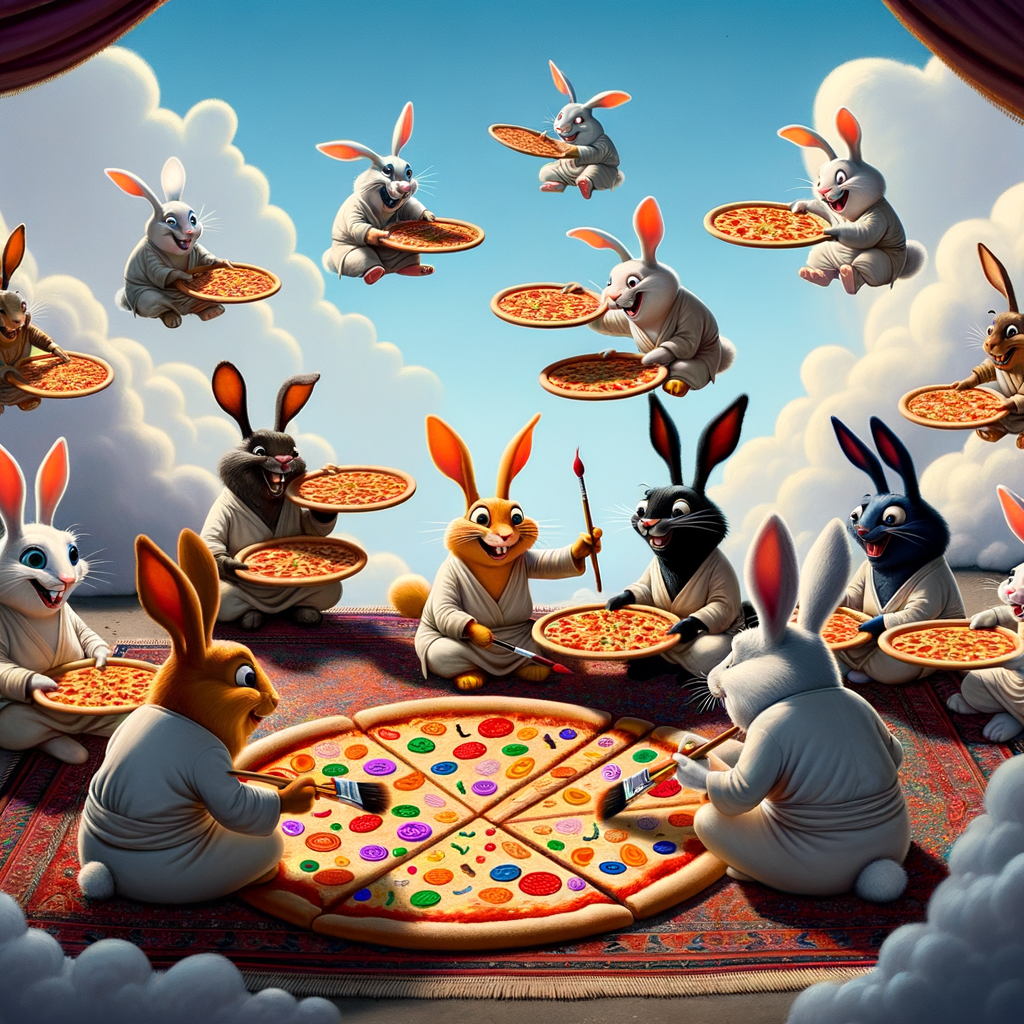 Day Beyond the clouds lives a family of floating rabbits who eat pizzas drawn by themselves