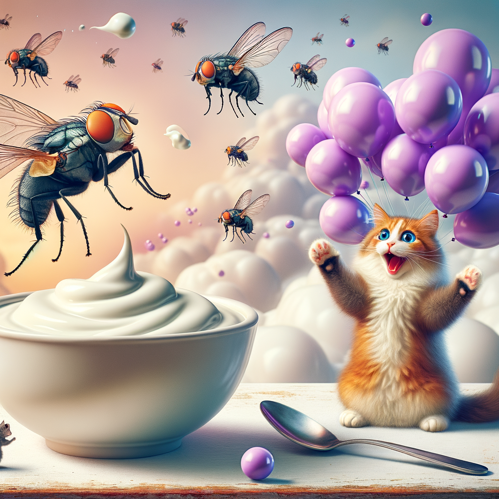 Day The little cat was amazed when attending the yogurt party that the flies had prepared