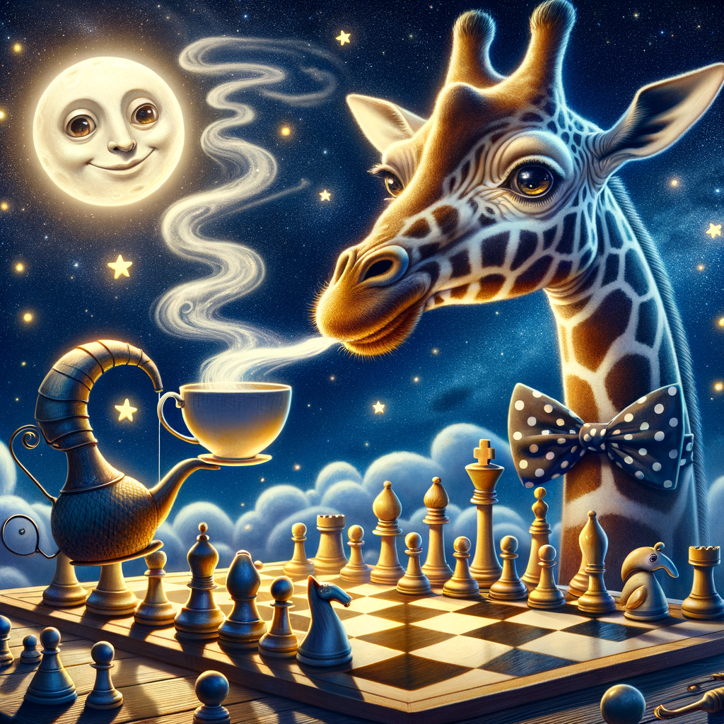 Day The poor giraffe had such a long neck that everyone made fun of her, but no one knew that above the clouds she enjoyed playing chess with her friends while the moon served them magical tea