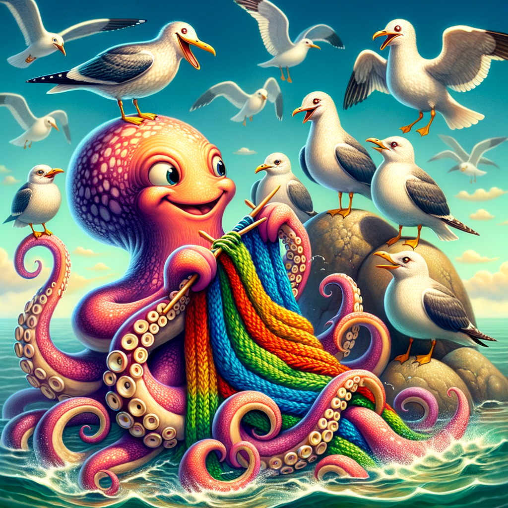 Day The octopus enjoys knitting scarves for the seagulls while they gossip about their latest treasure hunts