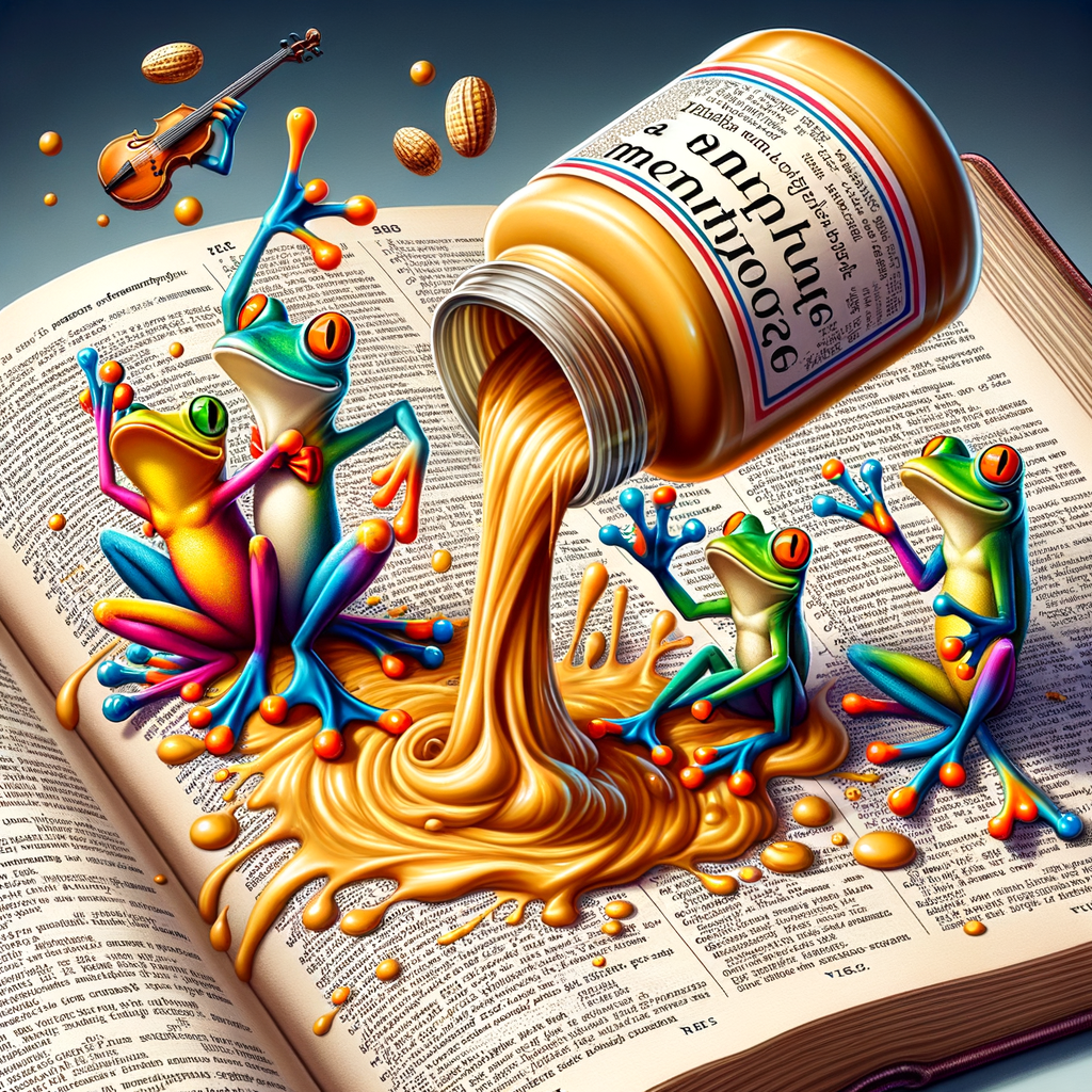 Day The wordsmith dropped his dictionary, and a super weird phrase appeared, blending colorful frogs with a musical peanut butter