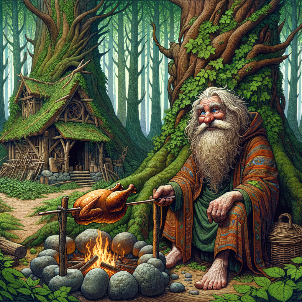 Day In the depths of the forest, among lush ancient trees, lives an old sage who is preparing a tasty grilled chicken