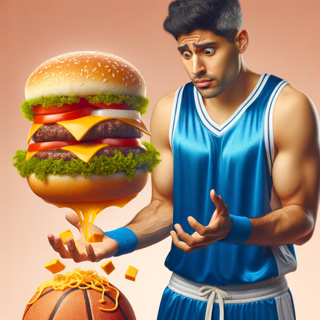 Day The basketball player was puzzled when suddenly the ball transformed into a double hamburger with extra cheese