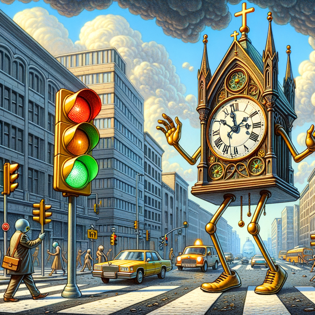 Day The church clock grew legs and went for a walk around the city to exchange philosophical reflections about time with a traffic light