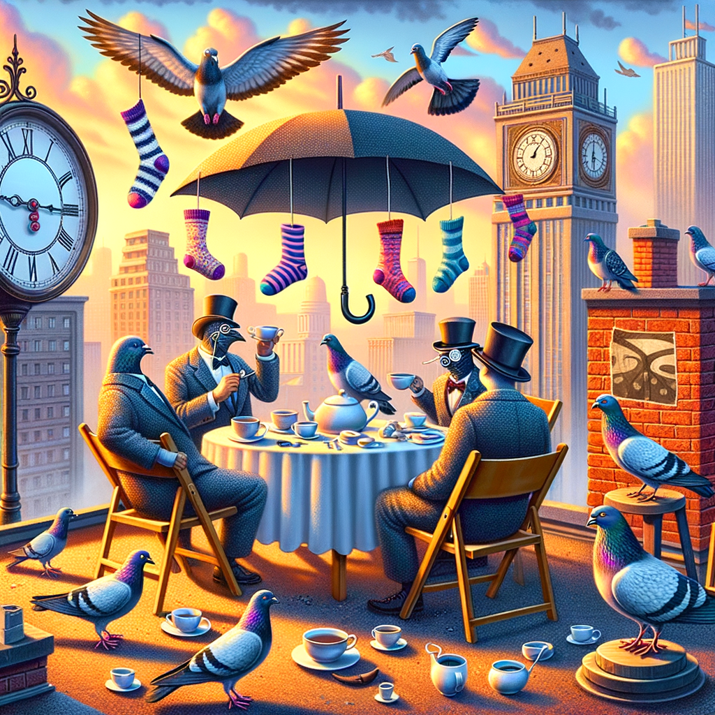 Day In a peculiar twist of city life, just as the clock struck the hour of forgotten socks, an umbrella decided to host a tea party on the rooftop, inviting pigeons who sported monocles and debated the merits of abstract art