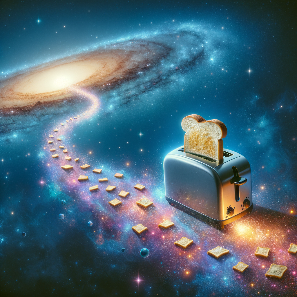 Day In a burst of cosmic whimsy, the toaster has decided to embark on a journey across the galaxy, leaving a trail of toast behind to find its way home someday