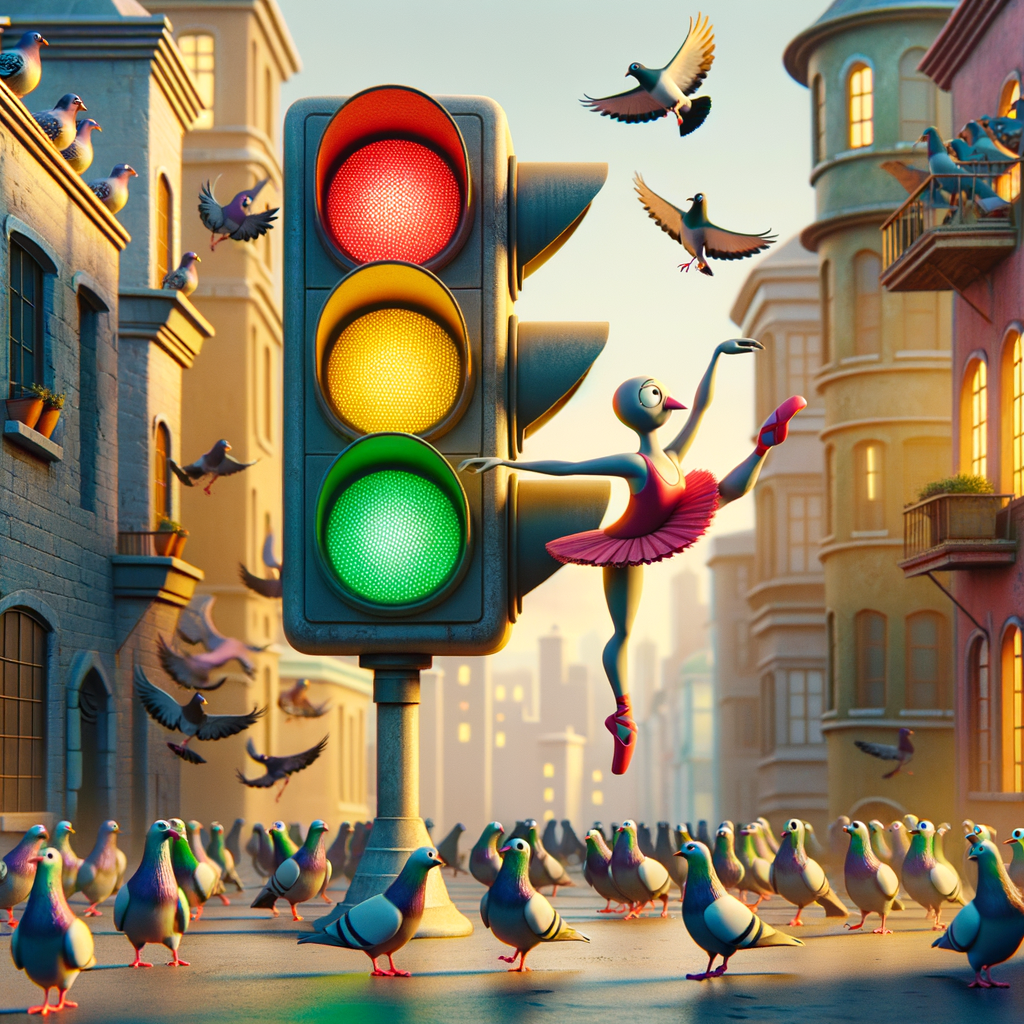 Day Once upon a time in the bustling city, a traffic light grew weary of its routine and decided it would spend the day teaching ballet to pigeons on the rooftops