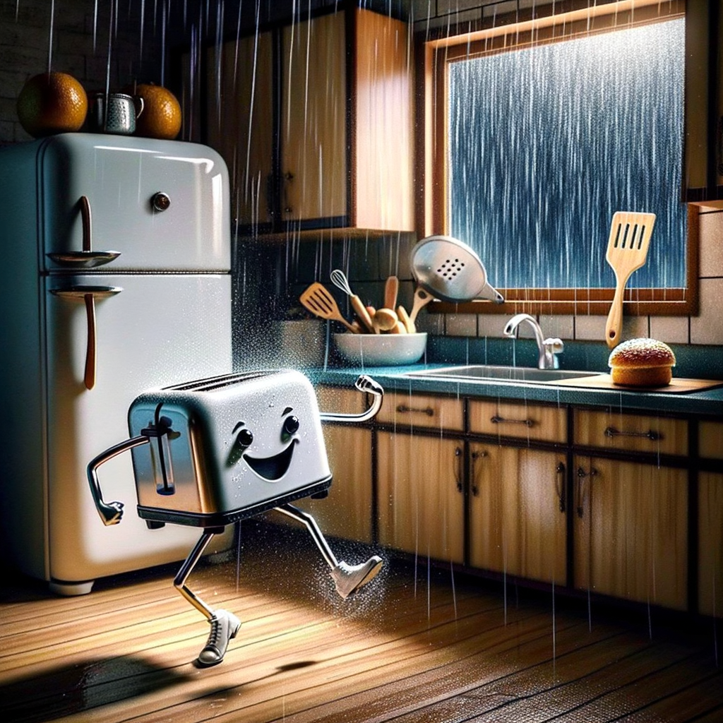 Day During an electrifying thunderstorm, the toaster celebrated its emancipation by performing a dazzling tap dance on the kitchen counter, while the bewildered spatula narrated the event to the fridge in poetic verse