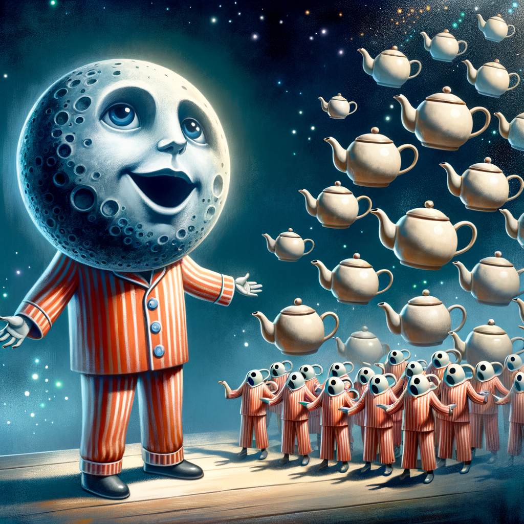 Day One day, when the moon decides to wear polka-dot pajamas, a chorus of singing teapots will rise from every kitchen to serenade the stars with melodious tunes