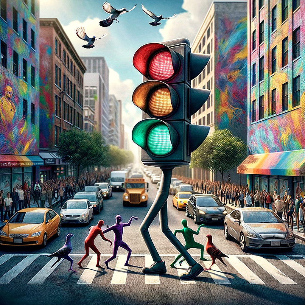 Day Amidst the bustling city streets, a traffic light decides it's time to moonwalk across the intersection, leaving cars utterly mesmerized as pigeons provide enthusiastic commentary on its technique