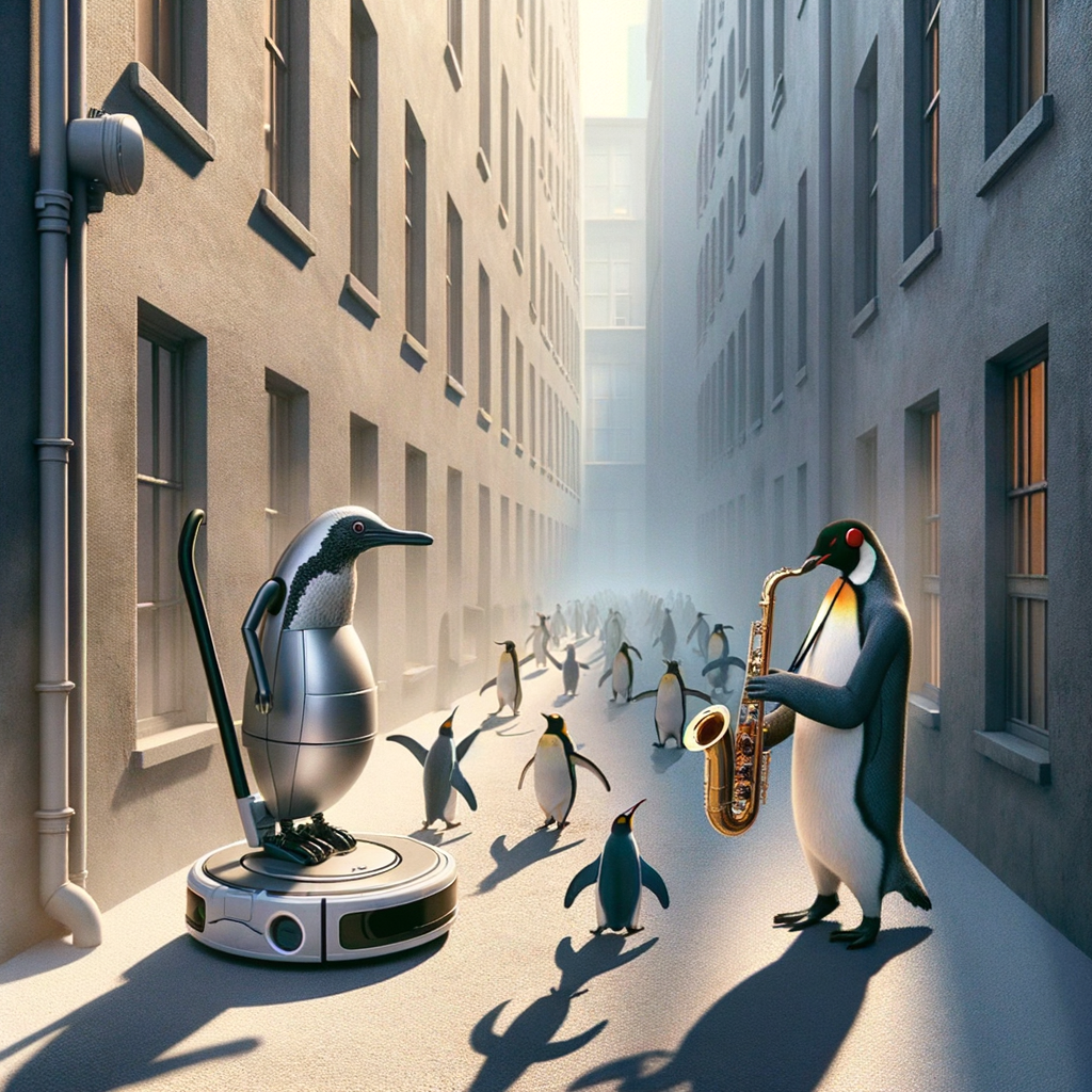 Day Something incredible is happening in the alley, where an artificial penguin is flipping out over the musical skills of a natural penguin