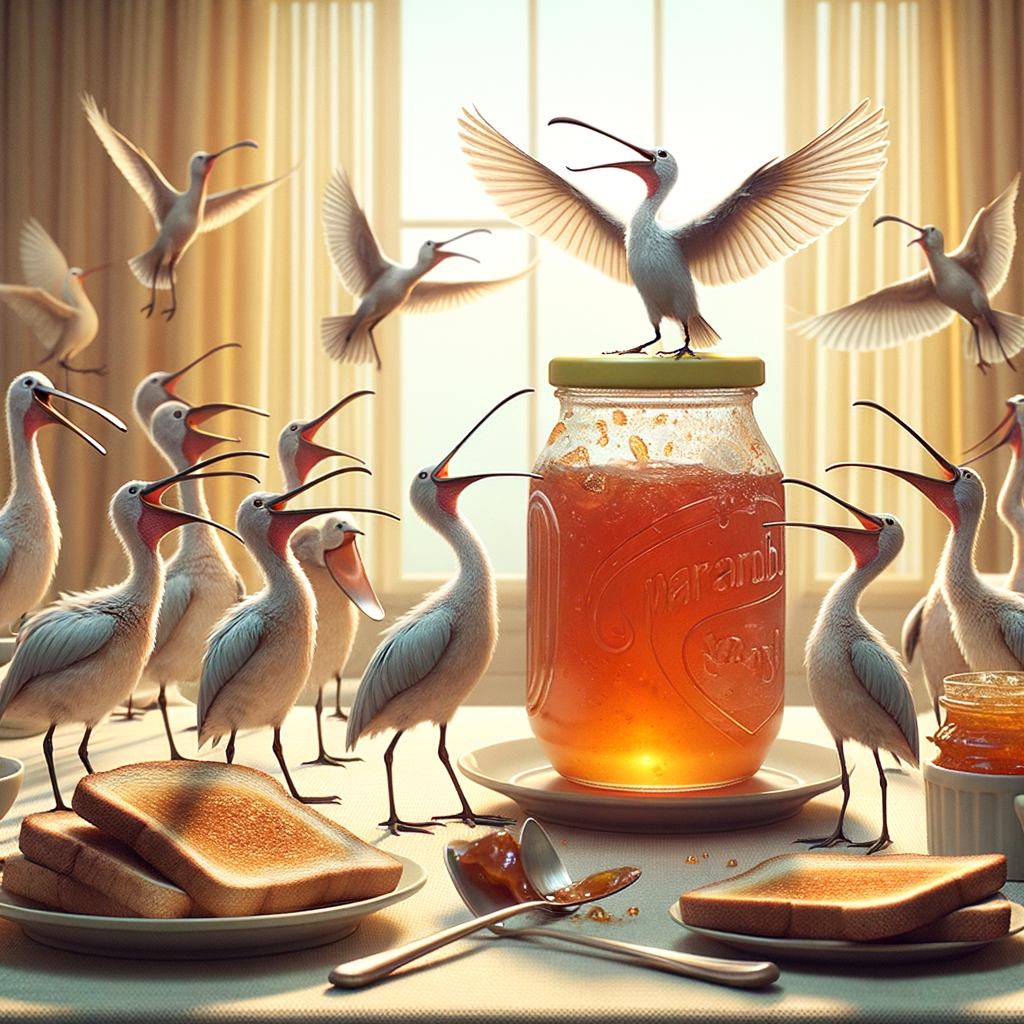 Day Long before the toast had a chance to turn golden, the jelly jar staged an opera at the breakfast table, complete with a chorus of dancing spoonbills delivering an overture about marmalade dreams