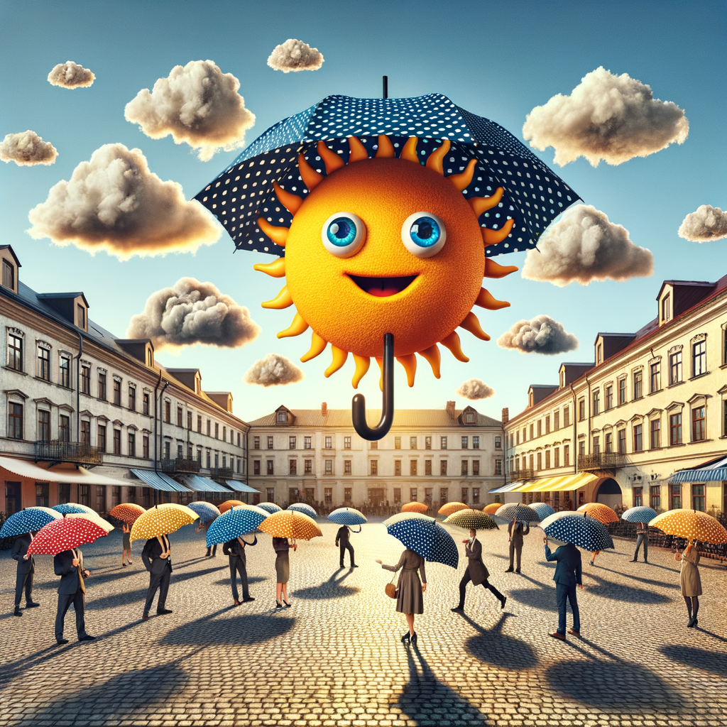 Day On a day when the sun decides to wear polka dots and the clouds burst into interpretive dance, talking umbrellas will gather at the town square to host a spirited debate on whether they should boycott rainstorms or simply learn to moonwalk